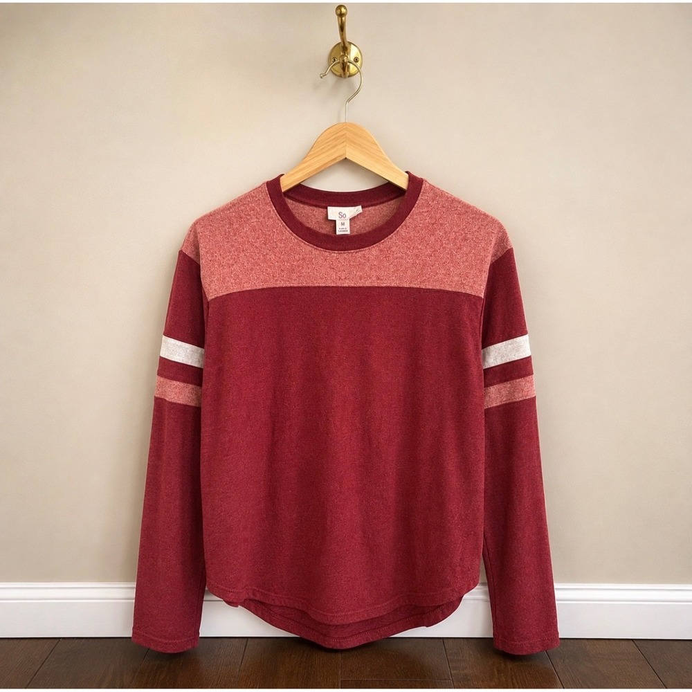 SO Womens Burgundy Colorblock Varsity Stripe Long Sleeve Top Size M